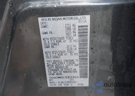 2014 Nissan Pathfinder Platinum from USA, damaged, VIN 5N1AR2MM0EC683404